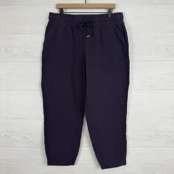 Johnny Was Calme Gauze Cotton Cropped Pants Women XL Purple Pull On Drawstring - Picture 1 of 16
